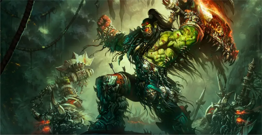 A screenshot from Warcraft III: Reign of Chaos depicting a raging orc warrior in combat with glowing eyes and a fiery weapon.