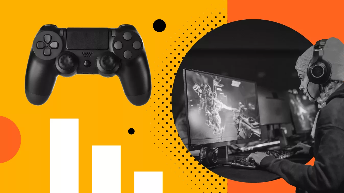 An orange, yellow and white visual with a bar graph, gaming controller and a gamer wearing headphones and playing a video game